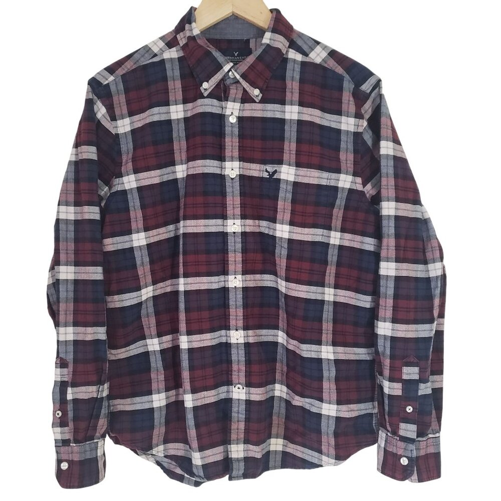 American Eagle Mens Classic Fit Plaid Long Sleeve‎ Shirt Burgundy Size L Preppy